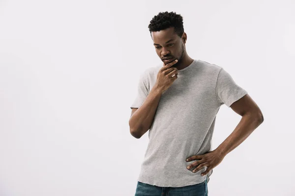 Pensive African American Man Standing Hand Hip Touching Face Isolated — Stock Photo, Image