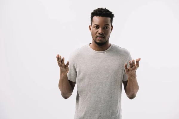 Confused African American Man Gesturing Isolated White — Stock Photo, Image