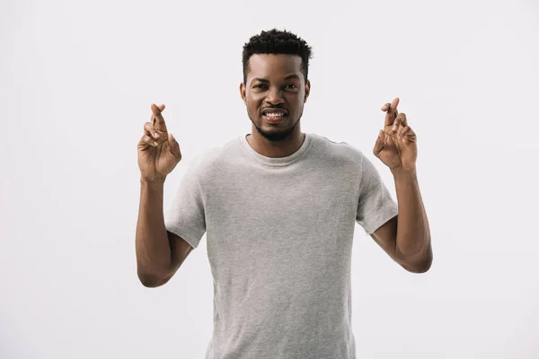 Stressed African American Man Standing Fingers Crossed Isolated White — Stock Photo, Image