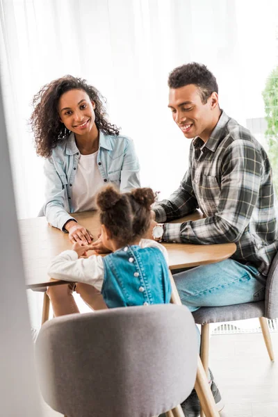 African American Family Sitting Table While Mother Looking Camera Father — Stock Photo, Image