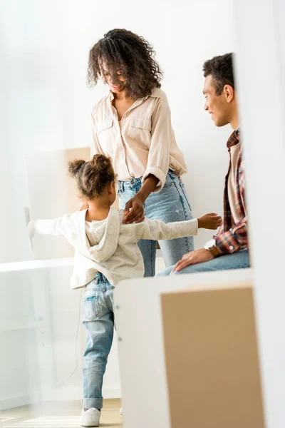Full Length View African American Mother Father Looking Daughter While — Stock Photo, Image