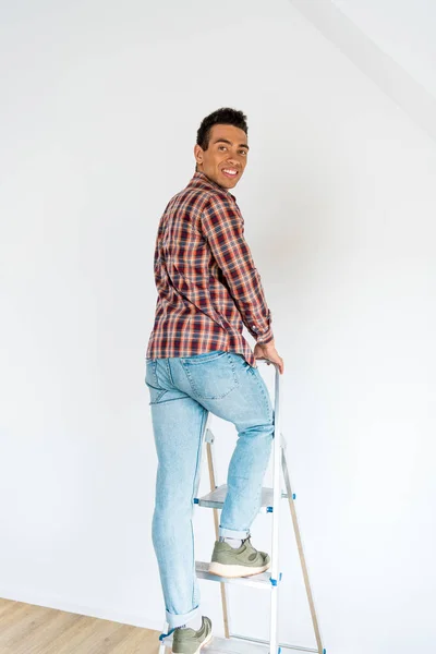 Full Length View Handsome African American Man Standing Ladder Looking — Stock Photo, Image