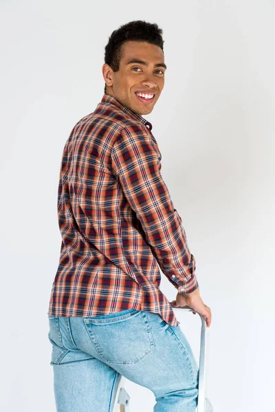 Handsome African American Man Standing Ladder Looking Camera — Stock Photo, Image