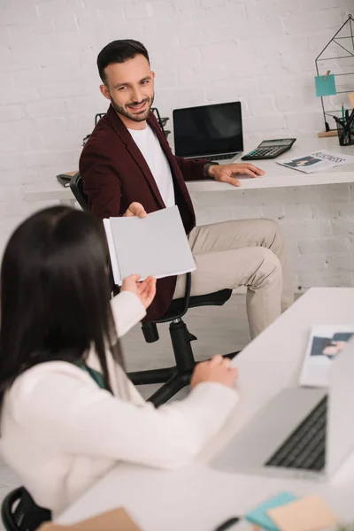 Selective Focus Disabled Businesswoman Giving Documents Colleague Office — Stock Photo, Image