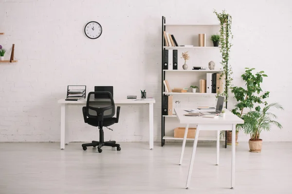 Spacious Office Desks Rack Books Plants Flowerpots Clock White Wall — Stock Photo, Image