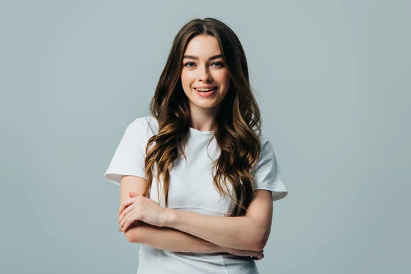 Happy Beautiful Girl White Shirt Crossed Arms Looking Camera Isolated — Stock Photo, Image