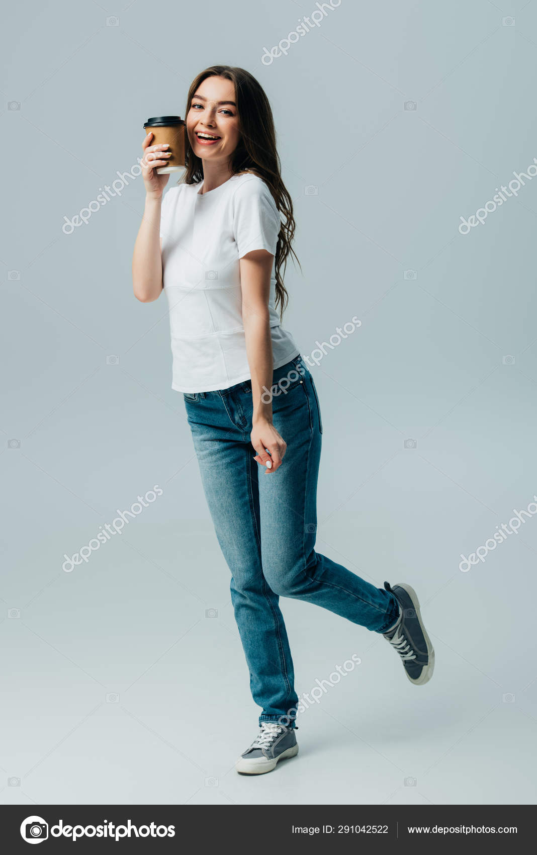 Beautiful Girl White Shirt Jeans Paper Cup Isolated Grey Stock Photo By C Andrewlozovyi