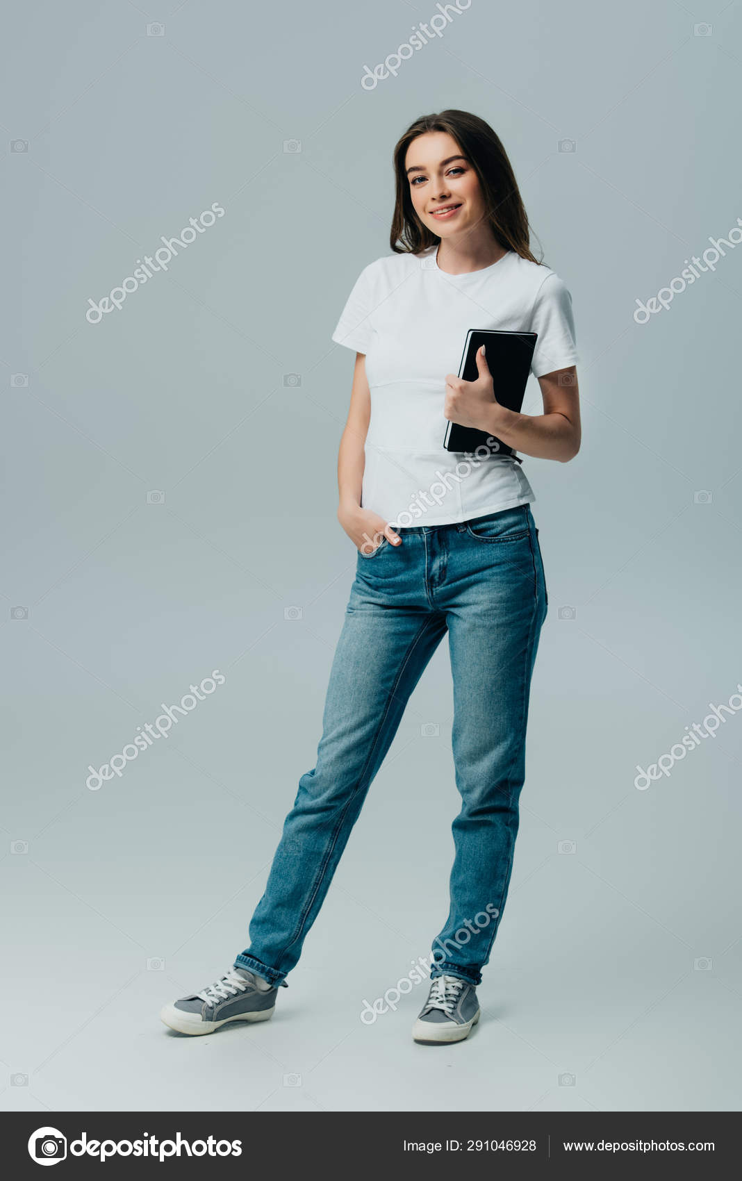 Happy Beautiful Girl White Shirt Jeans Notebook Isolated Grey Stock Photo By C Andrewlozovyi Happy Beautiful Girl White Shirt Jeans Notebook Isolated Grey Stock Photo By C Andrewlozovyi