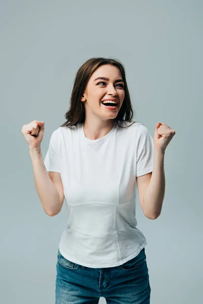 Gelukkig Mooi Meisje Wit Shirt Met Gebaar Zoek Weg Geïsoleerd — Stockfoto