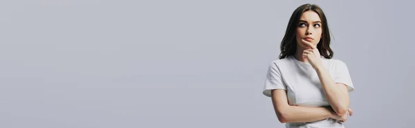 Serious Thoughtful Beautiful Girl White Shirt Looking Away Isolated Grey — Stock Photo, Image