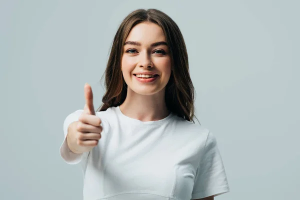 Fröhlich Schönes Mädchen Weißem Shirt Zeigt Daumen Hoch Vereinzelt Auf — Stockfoto