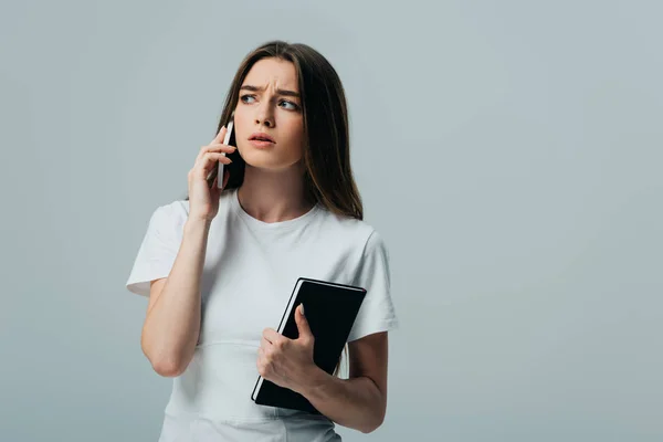 Sad Beautiful Girl White Shirt Talking Smartphone Isolated Grey — Stock Photo, Image