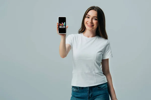 Kyiv Ukraine June 2019 Happy Beautiful Girl White Shirt Showing — Stock Photo, Image