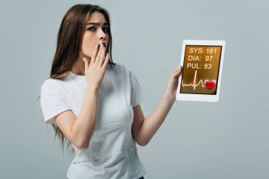 shocked beautiful girl in white t-shirt showing digital tablet with cardiological app isolated on grey clipart