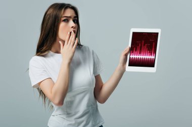 shocked beautiful girl in white t-shirt showing digital tablet with trading app isolated on grey clipart