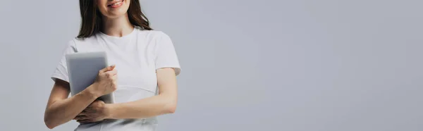 Cropped View Happy Girl White Shirt Holding Digital Tablet Isolated — Stock Photo, Image