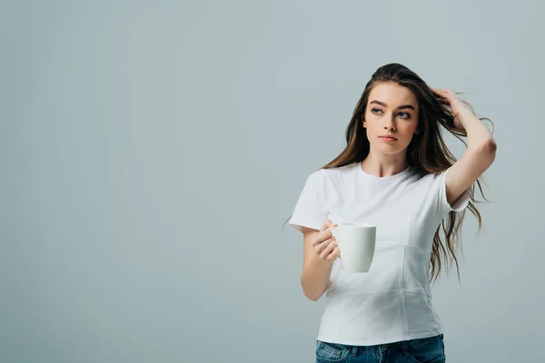 Serious Girl White Shirt Holding White Mug Isolated Grey — Stock Photo, Image