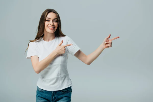 Beautiful Happy Girl Pointing Fingers Copy Space Isolated Grey — Stock Photo, Image