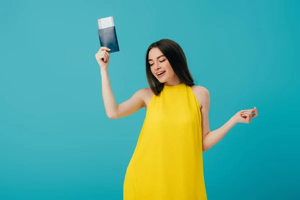 Happy Brunette Woman Yellow Dress Dancing Passport Air Ticket Isolated — Stock Photo, Image