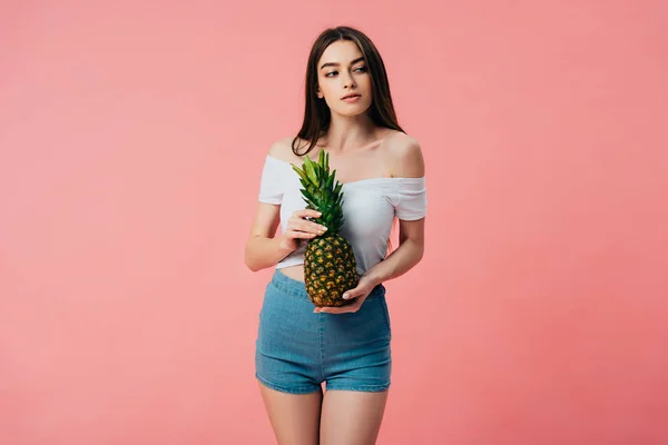 Dreamy Beautiful Girl Posing Ripe Delicious Pineapple Looking Away Isolated — Stock Photo, Image