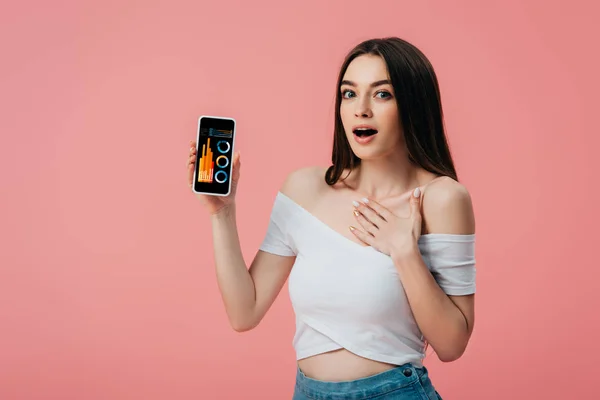 Beautiful Shocked Girl Holding Smartphone Financial Analysis App Isolated Pink — Stock Photo, Image