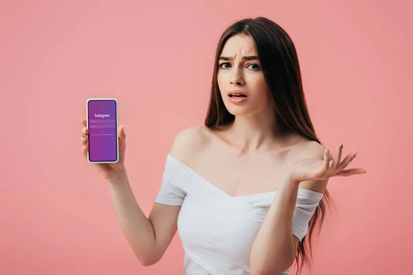 Kyiv Ukraine June 2019 Beautiful Confused Girl Holding Smartphone Instagram — Stock Photo, Image