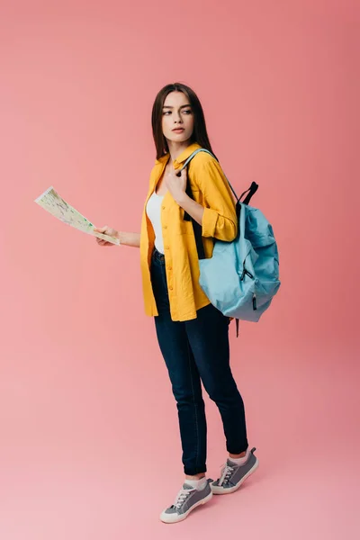 Full Length View Beautiful Girl Backpack Holding Map Isolated Pink — Stock Photo, Image