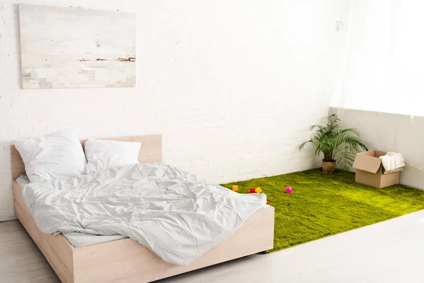 Habitación Luminosa Con Cama Doble Caja Cartón Cerca Planta Alfombra — Foto de Stock