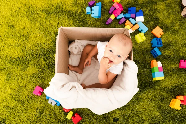 緑の床に白い毛布と段ボール箱に座っているかわいい小さな子供のトップビュー — ストック写真
