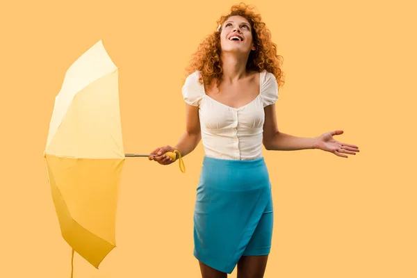 Happy Curly Woman Posing Umbrella Isolated Yellow — Stock Photo, Image