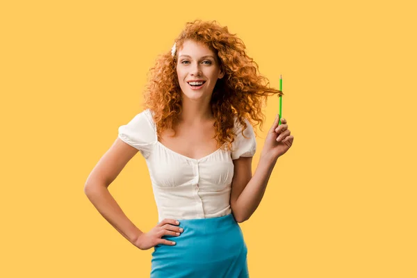 Smiling Redhead Student Pencil Isolated Yellow — Stock Photo, Image