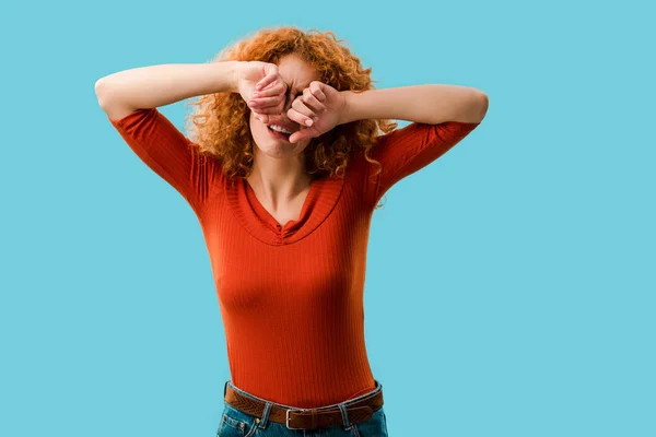 Tired Beautiful Redhead Girl Isolated Blue — Stock Photo, Image