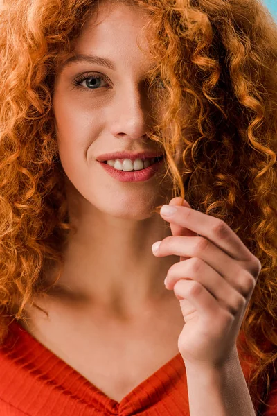 Portrait Beautiful Woman Holding Red Curly Hair — Stock Photo, Image