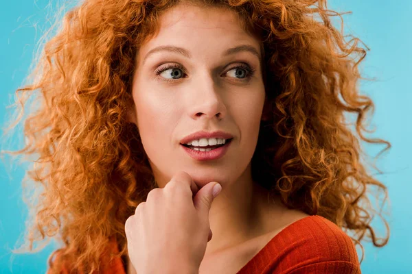 Portrait Pensive Redhead Woman Isolated Blue — Stock Photo, Image