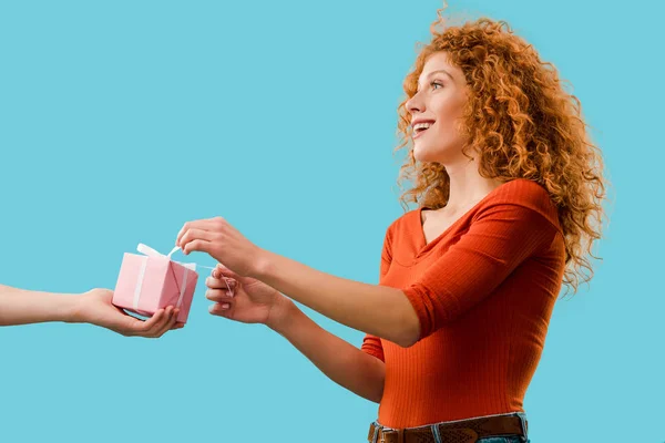 Beautiful Happy Redhead Woman Taking Present Isolated Blue — Stock Photo, Image