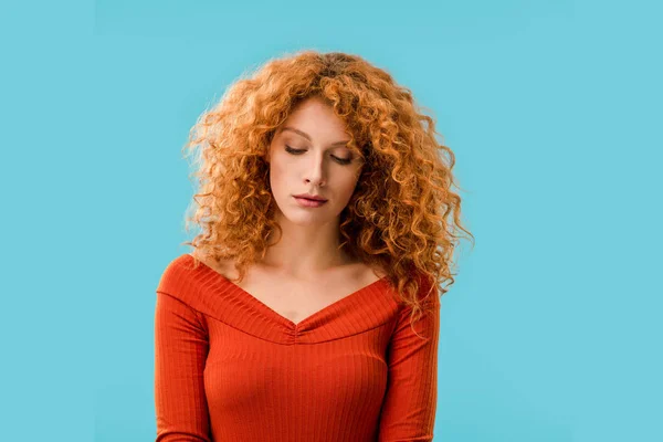 Portrait Beautiful Upset Girl Isolated Blue — Stock Photo, Image