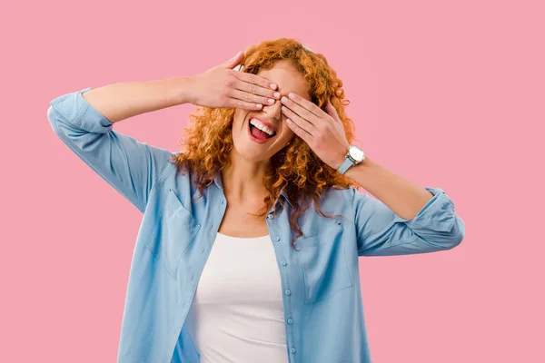 Cheerful Redhead Girl Closing Eyes Isolated Pink — Stock Photo, Image