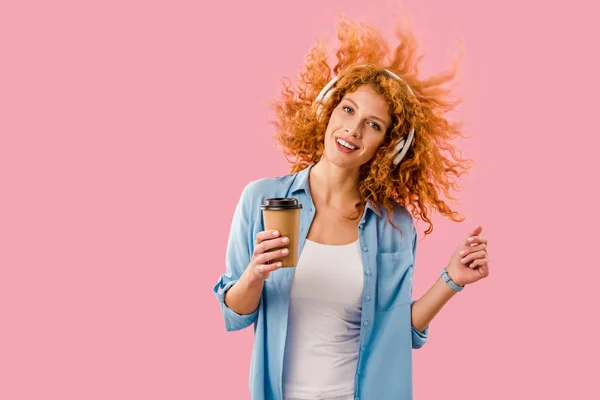 Happy Woman Coffee Dancing Listening Music Headphones Isolated Pink — Stock Photo, Image