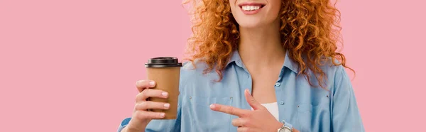 Cropped View Curly Woman Red Hair Pointing Coffee Isolated Pink — Stock Photo, Image
