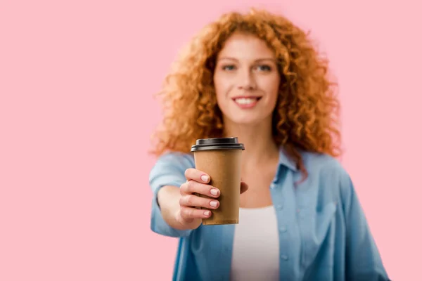 Selective Focus Beautiful Curly Woman Red Hair Holding Coffee Isolated — Stock Photo, Image