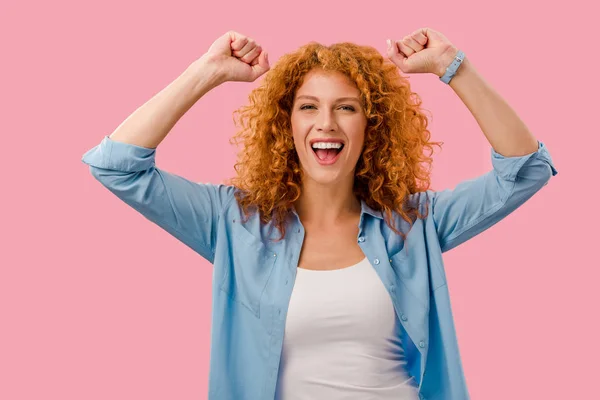 Excited Redhead Woman Gesturing Isolated Pink — Stock Photo, Image