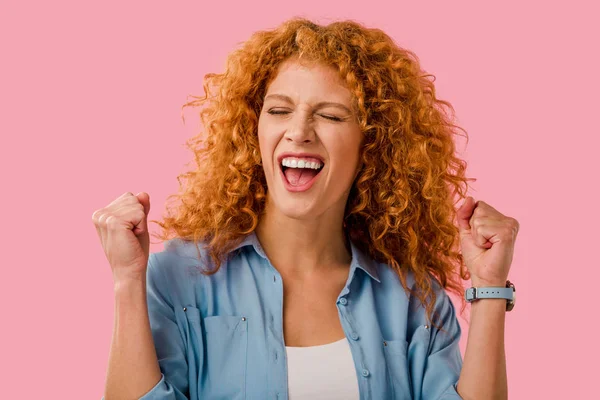 Successful Redhead Woman Gesturing Isolated Pink — Stock Photo, Image