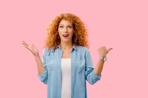 Attractive Redhead Girl Shrug Gesture Isolated Pink — Stock Photo, Image
