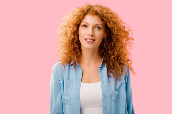 Attractive Smiling Redhead Girl Isolated Pink — Stock Photo, Image