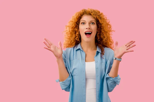 Attractive Surprised Redhead Woman Isolated Pink Stock Photo