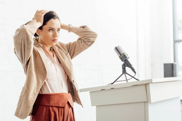 Attractive Stressed Businesswoman Formal Wear Looking Away Conference — Stock Photo, Image