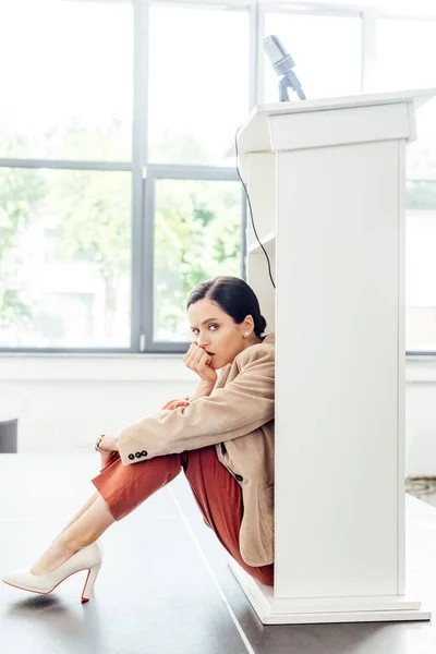 Attractive Scared Businesswoman Formal Wear Sitting Floor — Stock Photo, Image