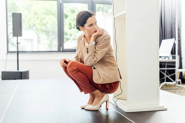 Attractive Scared Businesswoman Formal Wear Sitting Floor — Stock Photo, Image