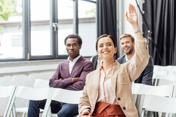 Selective Focus Attractive Businesswoman Raising Hand Conference — Stock Photo, Image