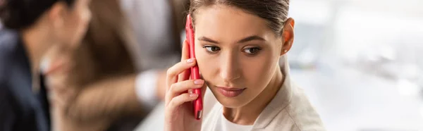 Panoramic Shot Attractive Businesswoman Talking Smartphone Looking Away — Stock Photo, Image